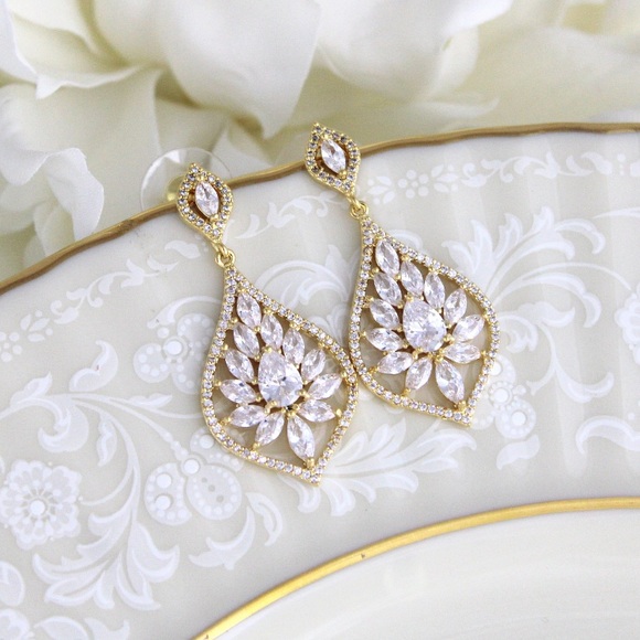 The Exquisite Bride Jewelry - Crystal Chandelier Earrings in Yellow Gold by The Exquisite Bride, New in Box